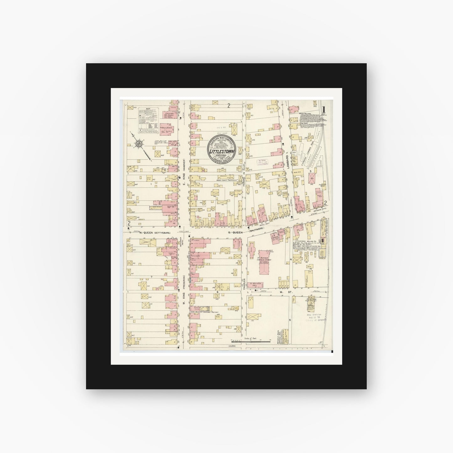 Old map wall art mockup — black gallery frame with white mat — Sanborn Fire Insurance Map from Littlestown, Adams County, Pennsylvania (1912), Sheet #0001