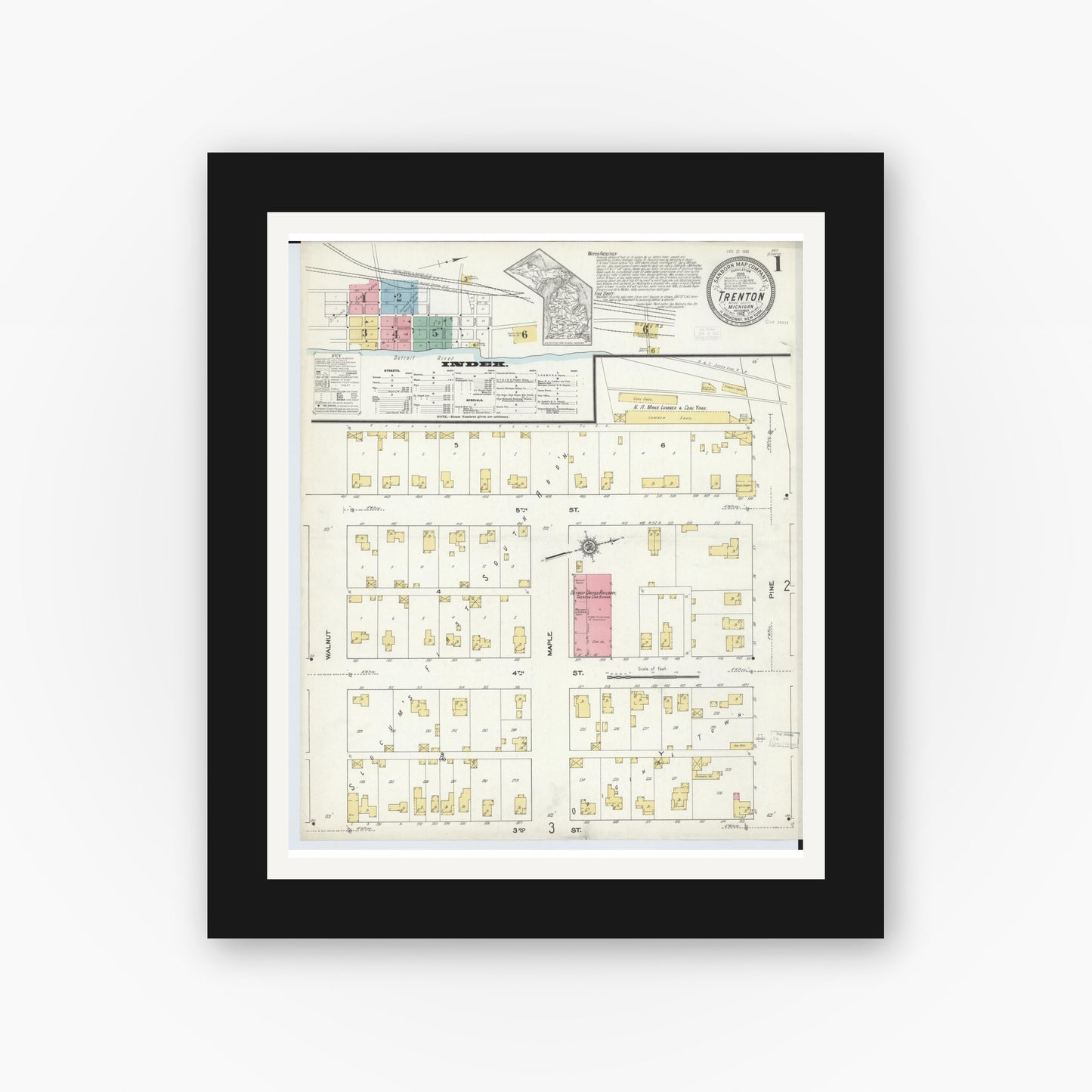 Old map wall art mockup — black gallery frame with white mat — Sanborn Fire Insurance Map from Trenton, Wayne County, Michigan (1912), Sheet #0001