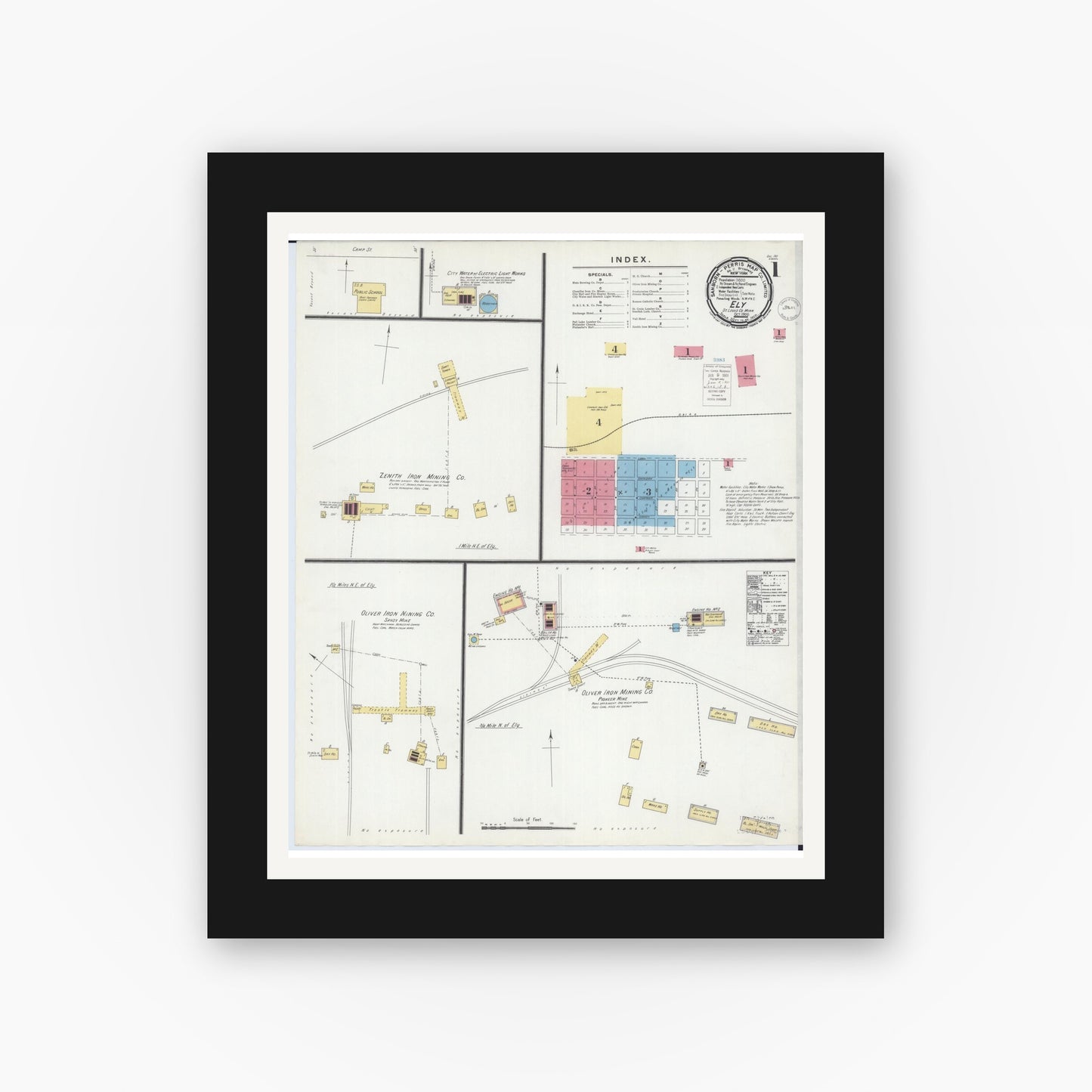 Old map wall art mockup — black gallery frame with white mat — Sanborn Fire Insurance Map from Ely, Saint Louis County, Minnesota (1900) - Complete Map Set
