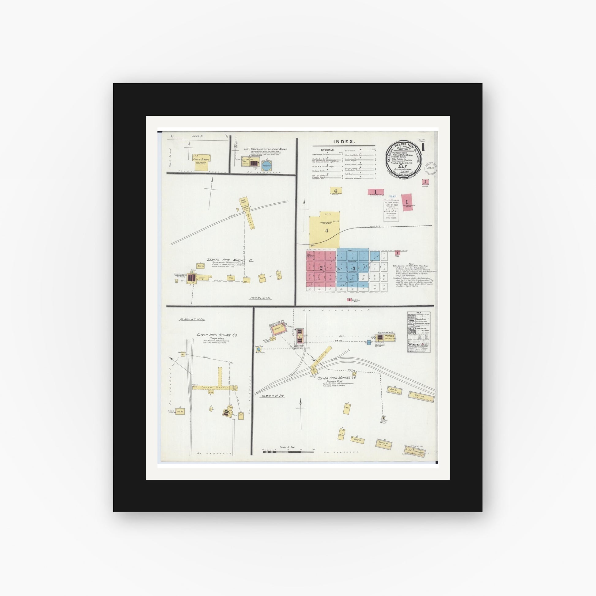 Old map wall art mockup — black gallery frame with white mat — Sanborn Fire Insurance Map from Ely, Saint Louis County, Minnesota (1900) - Complete Map Set