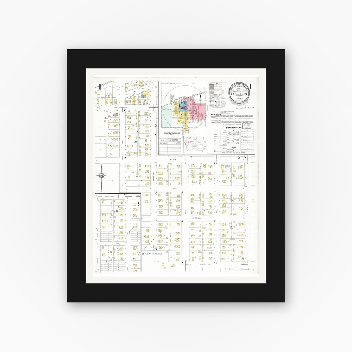 Old map wall art mockup — black gallery frame with white mat — Sanborn Fire Insurance Map from Holstein, Ida County, Iowa (1933) â€” Complete Set