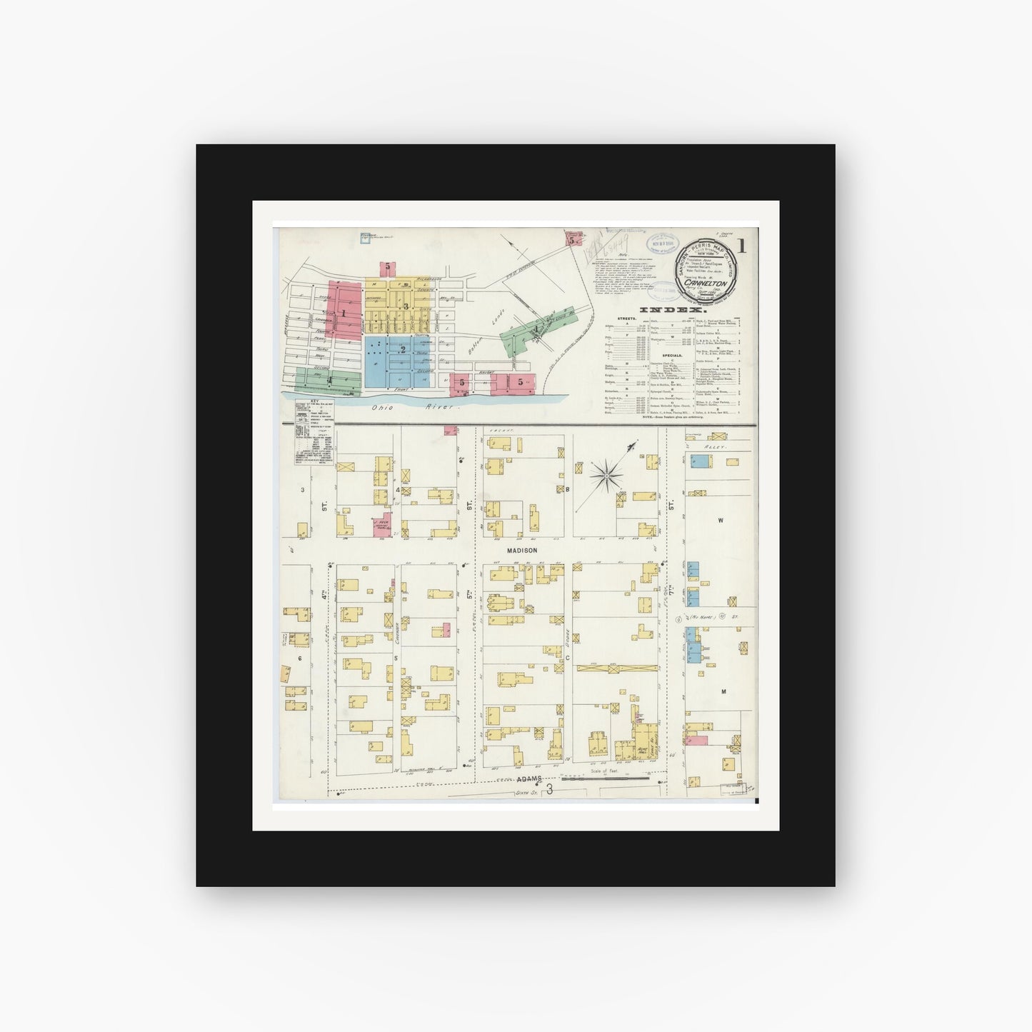 Old map wall art mockup — black gallery frame with white mat — Sanborn Fire Insurance Map from Cannelton, Perry County, Indiana (1898) - Complete Map Set