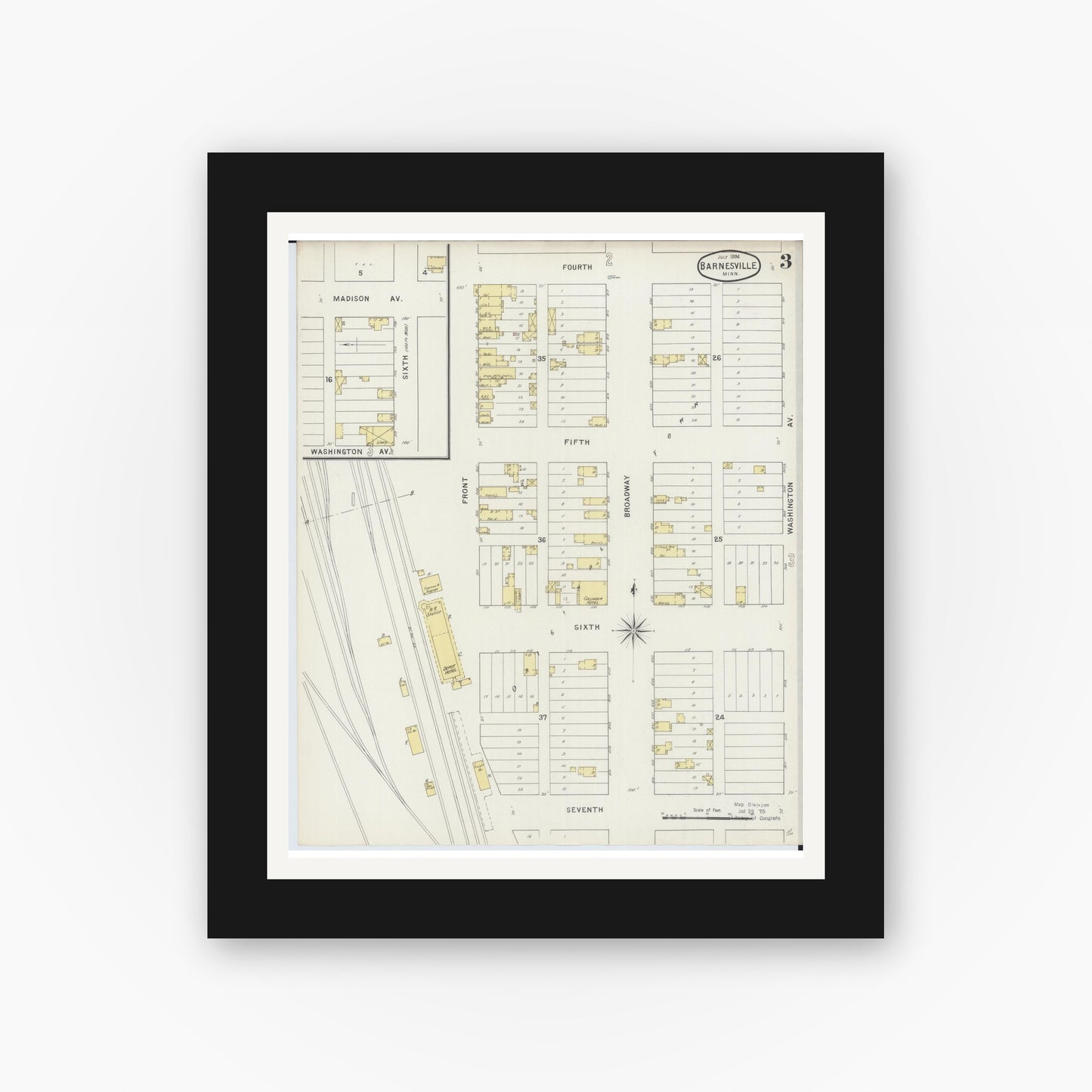 Old map wall art mockup — black gallery frame with white mat — Sanborn Fire Insurance Map from Barnesville, Clay County, Minnesota (1894), Sheet #0003