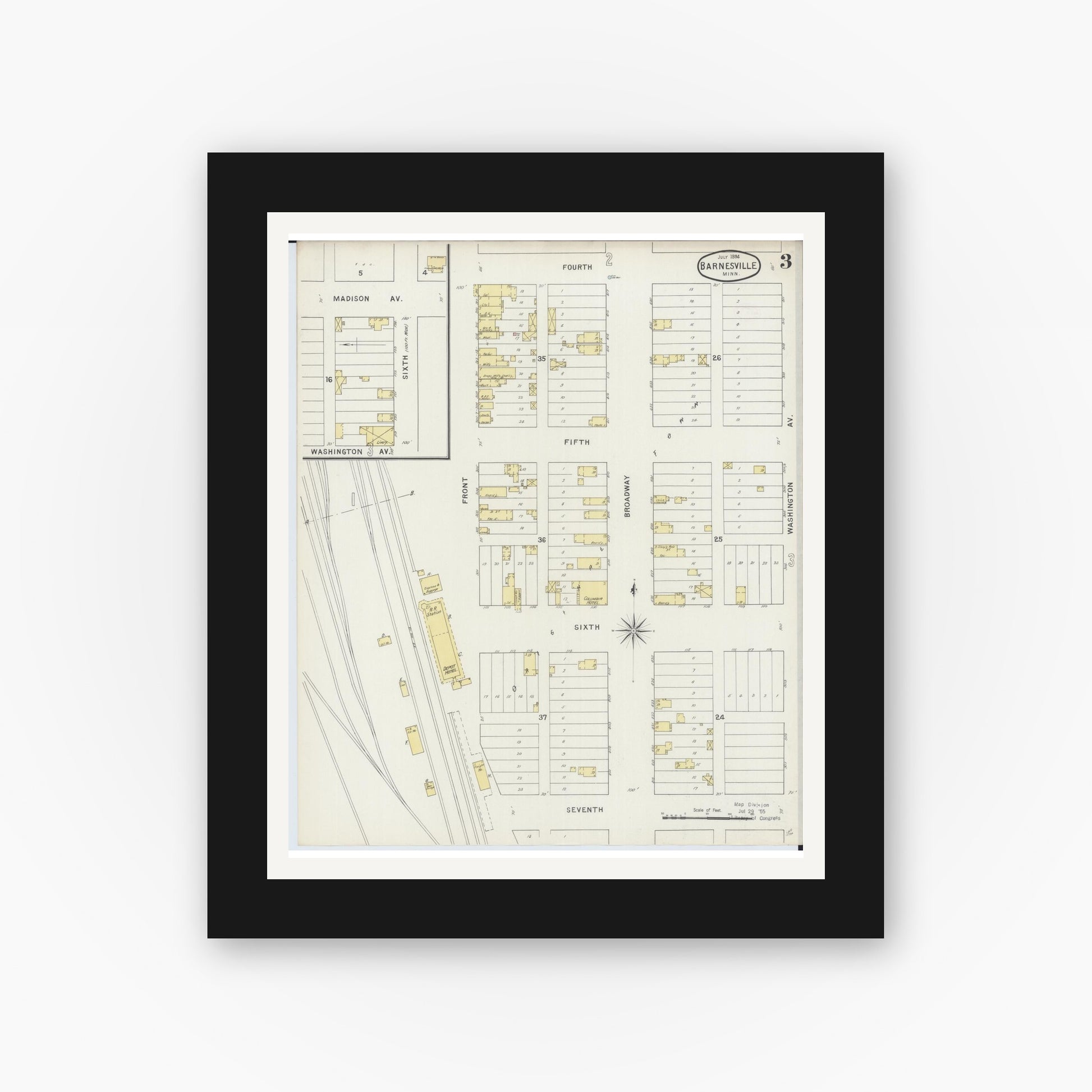 Old map wall art mockup — black gallery frame with white mat — Sanborn Fire Insurance Map from Barnesville, Clay County, Minnesota (1894), Sheet #0003