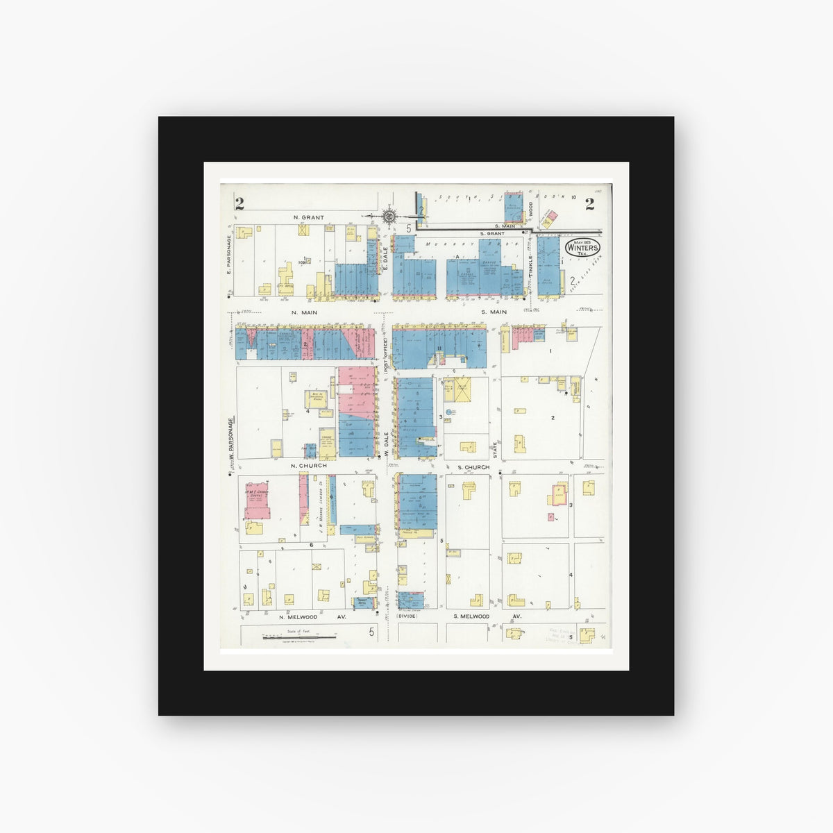 Old map wall art mockup — black gallery frame with white mat — Sanborn Fire Insurance Map from Winters, Runnels County, Texas (1925), Sheet #0002