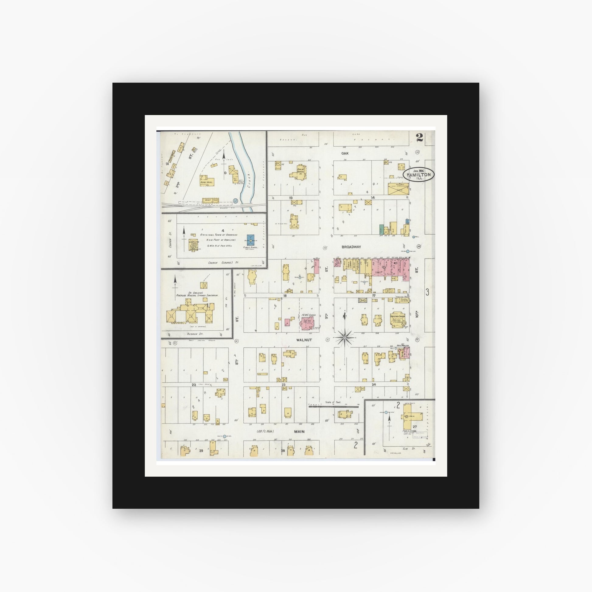 Old map wall art mockup — black gallery frame with white mat — Sanborn Fire Insurance Map from Hamilton, Hancock County, Illinois (1906), Sheet #0002