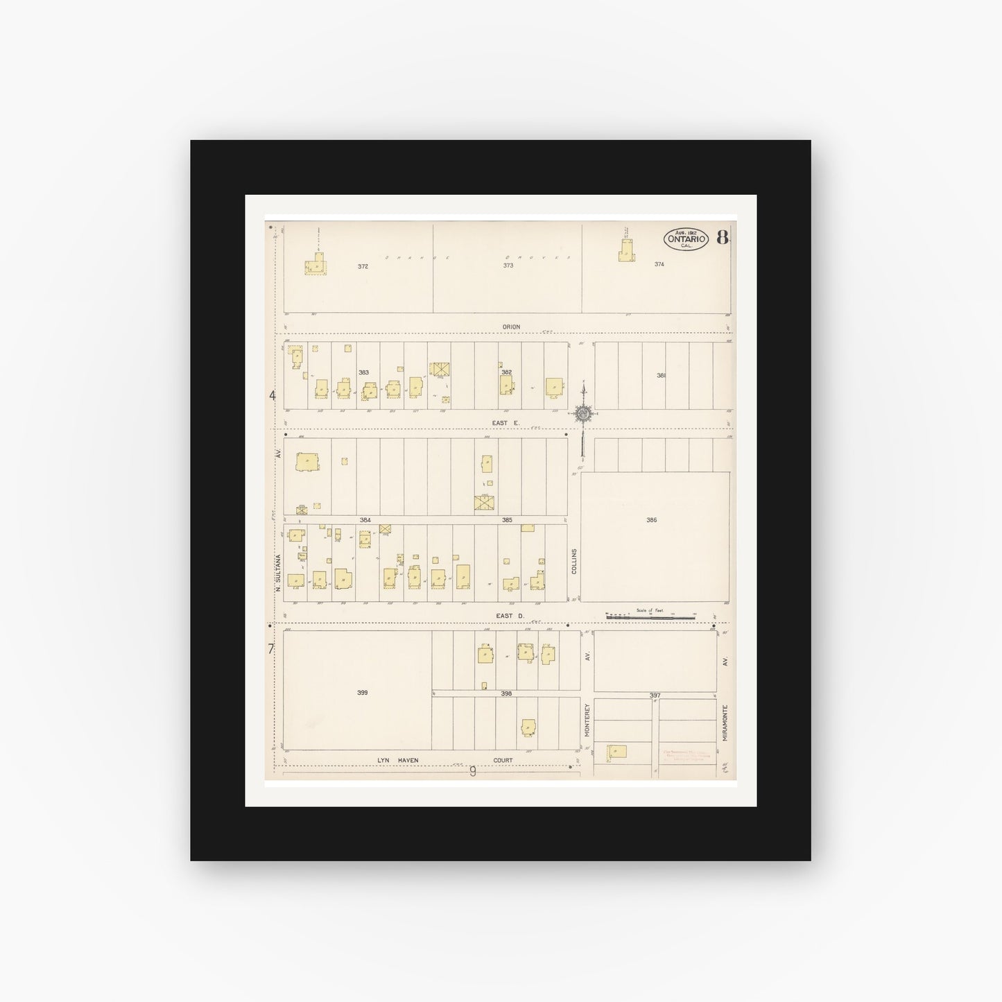 Old map wall art mockup — black gallery frame with white mat — Sanborn Fire Insurance Map from Ontario, San Bernardino County, California (1912), Sheet #0008