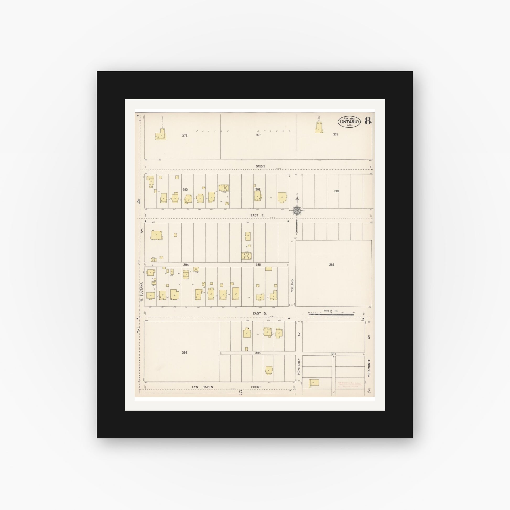 Old map wall art mockup — black gallery frame with white mat — Sanborn Fire Insurance Map from Ontario, San Bernardino County, California (1912), Sheet #0008