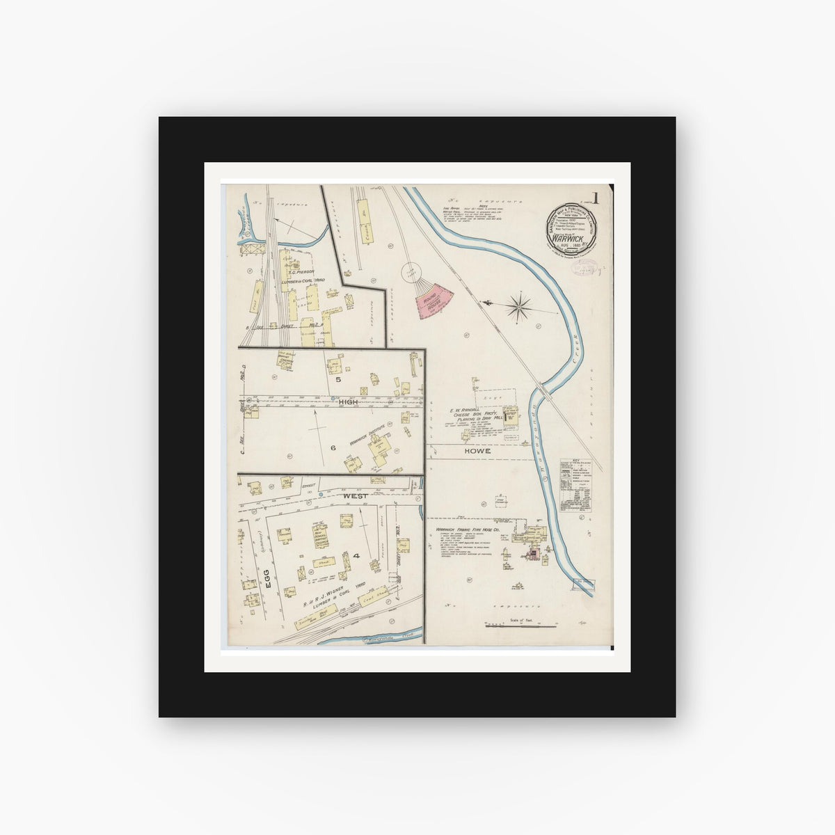 Old map wall art mockup — black gallery frame with white mat — Sanborn Fire Insurance Map from Warwick, Orange County, New York (1885), Sheet #0001