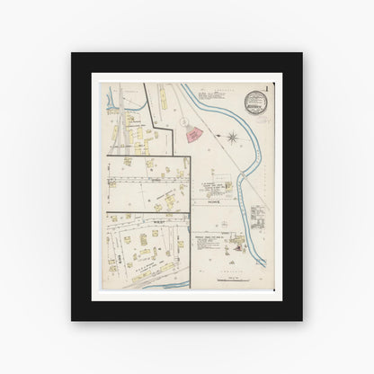 Old map wall art mockup — black gallery frame with white mat — Sanborn Fire Insurance Map from Warwick, Orange County, New York (1885), Sheet #0001