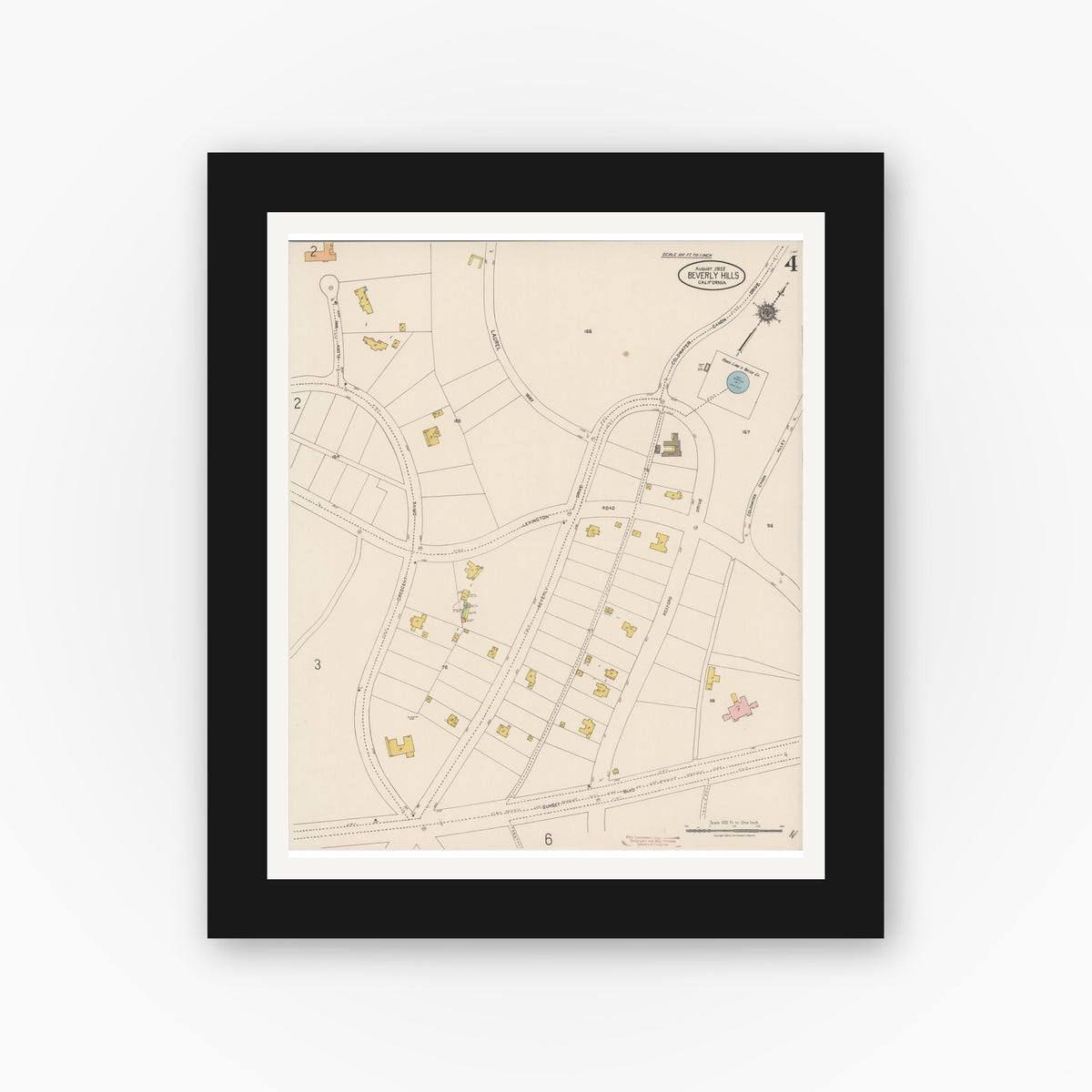 Old map wall art mockup — black gallery frame with white mat — Sanborn Fire Insurance Map from Beverly Hills, Los Angeles County, California (1922), Sheet #0004