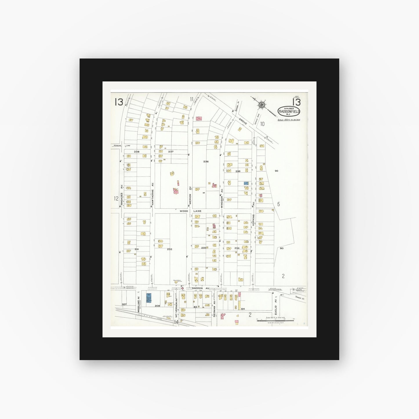 Old map wall art mockup — black gallery frame with white mat — Sanborn Fire Insurance Map from Haddonfield, Camden County, New Jersey (1923), Sheet #0013
