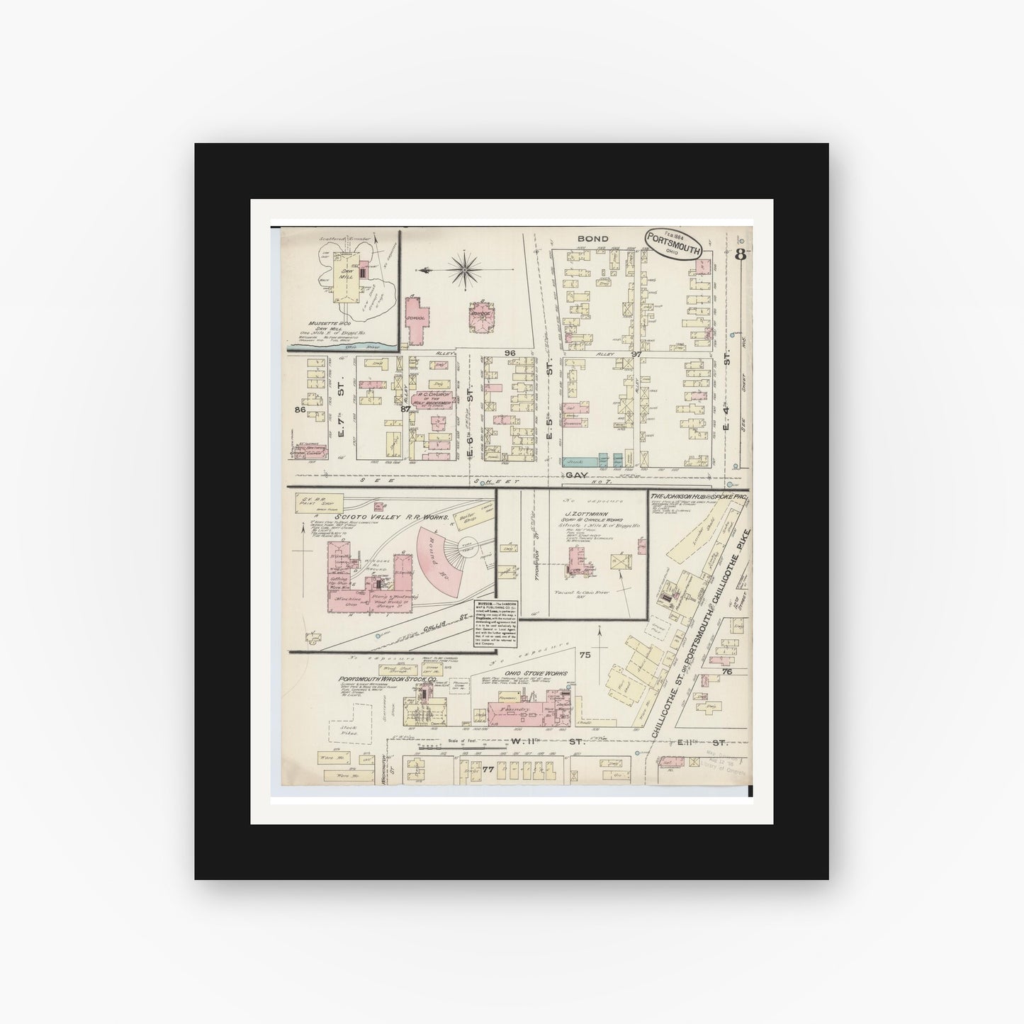 Old map wall art mockup — black gallery frame with white mat — Sanborn Fire Insurance Map from Portsmouth, Scioto County, Ohio (1884), Sheet #0008