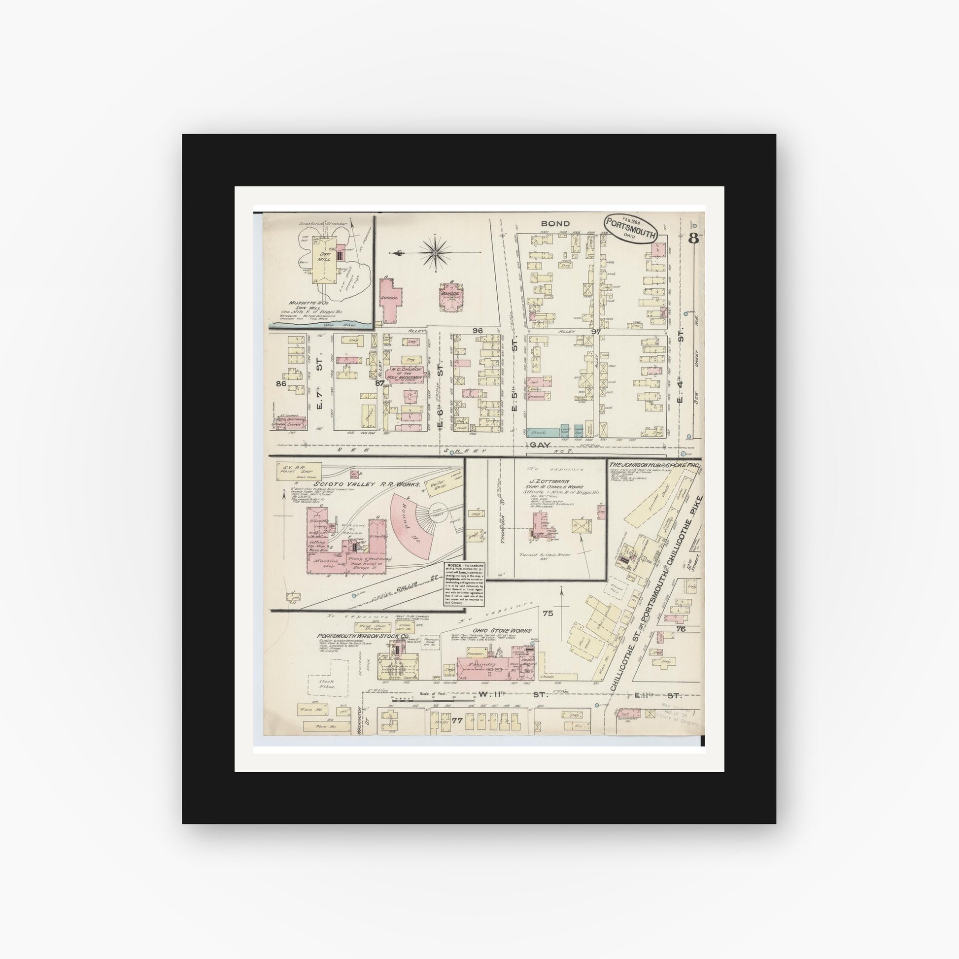 Old map wall art mockup — black gallery frame with white mat — Sanborn Fire Insurance Map from Portsmouth, Scioto County, Ohio (1884), Sheet #0008