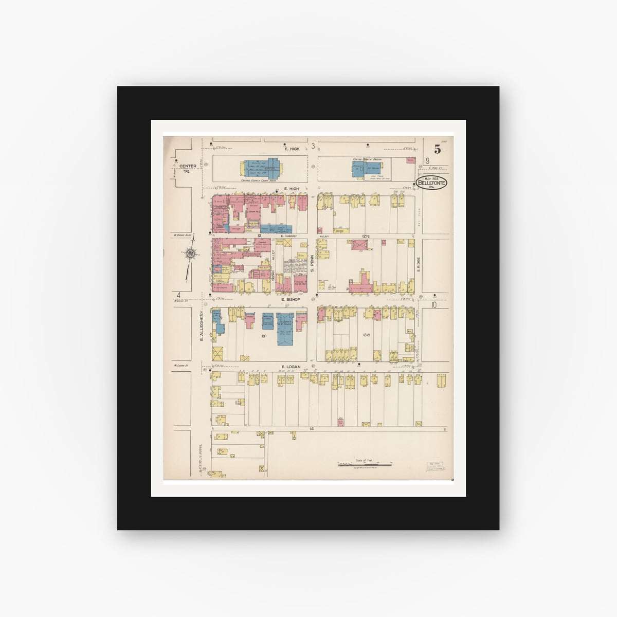 Old map wall art mockup — black gallery frame with white mat — Sanborn Fire Insurance Map from Bellefonte, Centre County, Pennsylvania (1922), Sheet #0005