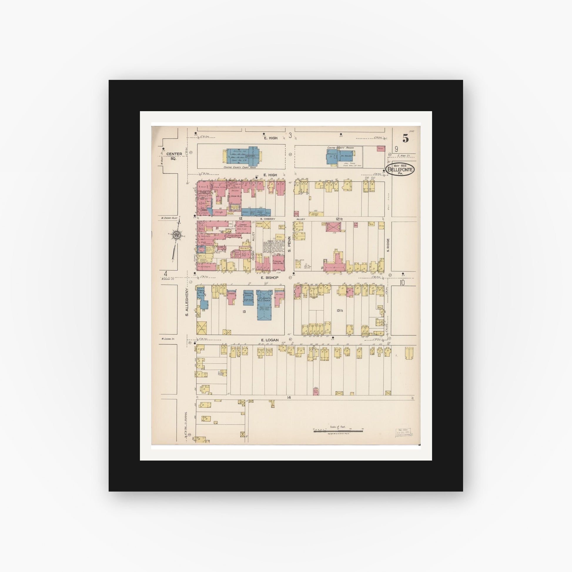 Old map wall art mockup — black gallery frame with white mat — Sanborn Fire Insurance Map from Bellefonte, Centre County, Pennsylvania (1922), Sheet #0005