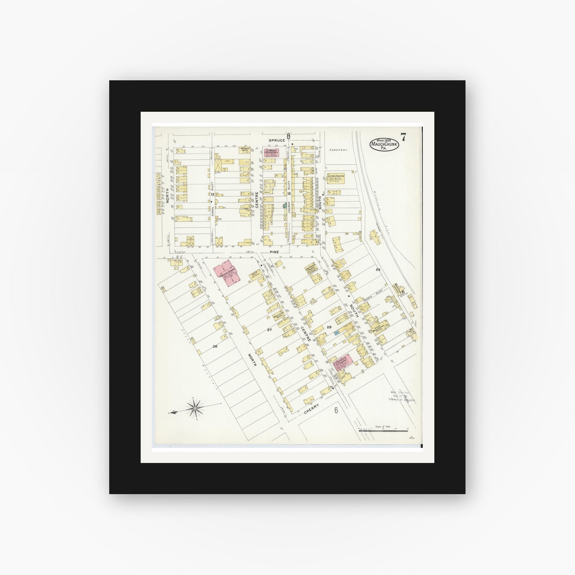Old map wall art mockup — black gallery frame with white mat — Sanborn Fire Insurance Map from Mauch Chunk, Carbon County, Pennsylvania (1908), Sheet #0007