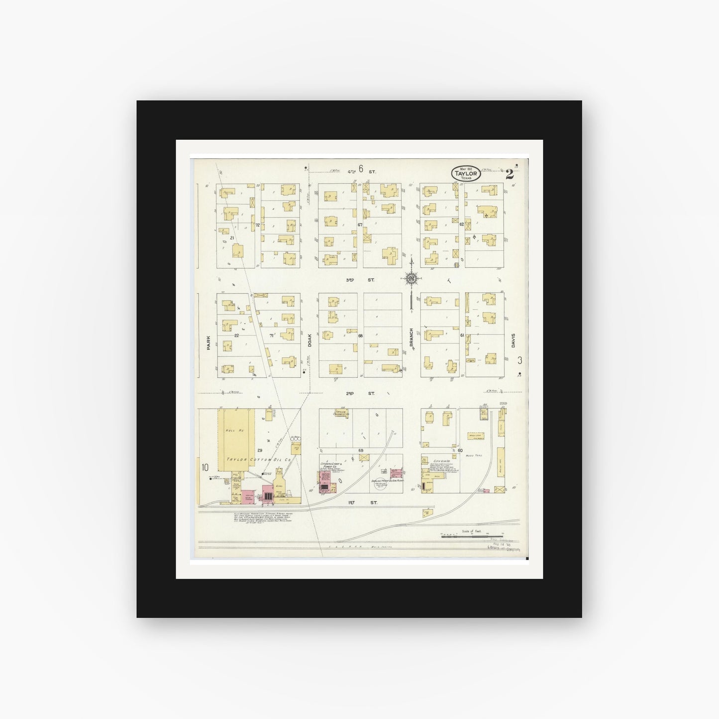 Old map wall art mockup — black gallery frame with white mat — Sanborn Fire Insurance Map from Taylor, Williamson County, Texas (1912), Sheet #0002