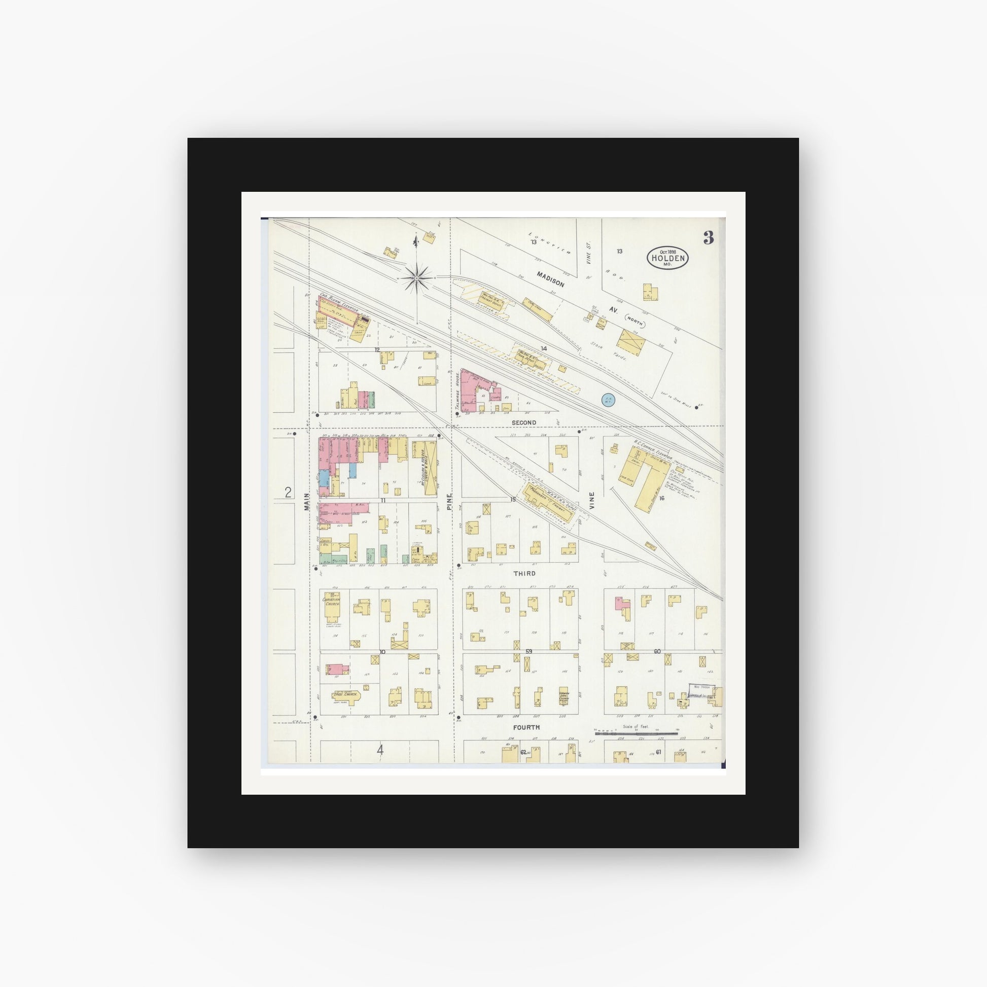 Old map wall art mockup — black gallery frame with white mat — Sanborn Fire Insurance Map from Holden, Johnson County, Missouri (1898), Sheet #0003