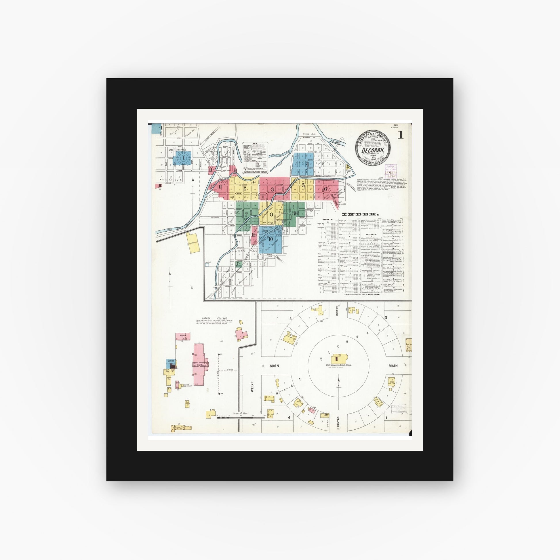 Old map wall art mockup — black gallery frame with white mat — Sanborn Fire Insurance Map from Decorah, Winneshiek County, Iowa (1902) â€” Complete Set
