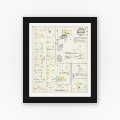 Old map wall art mockup — black gallery frame with white mat — Sanborn Fire Insurance Map from West Salem, Wayne County, Ohio (1915), Sheet #0001