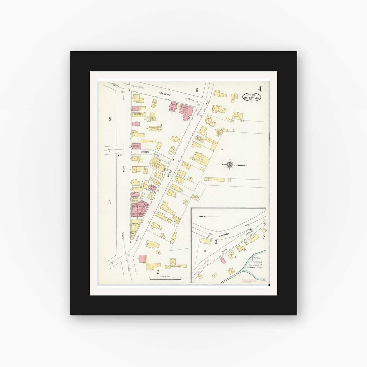 Old map wall art mockup — black gallery frame with white mat — Sanborn Fire Insurance Map from Waterville, Oneida County, New York (1912), Sheet #0004