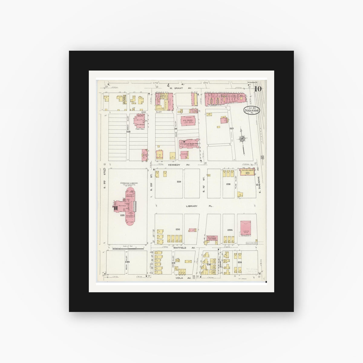 Old map wall art mockup — black gallery frame with white mat — Sanborn Fire Insurance Map from Duquesne, Allegheny County, Pennsylvania (1911), Sheet #0010
