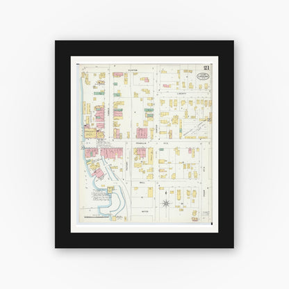 Old map wall art mockup — black gallery frame with white mat — Sanborn Fire Insurance Map from Lansing, Ingham County, Michigan (1898), Sheet #0021