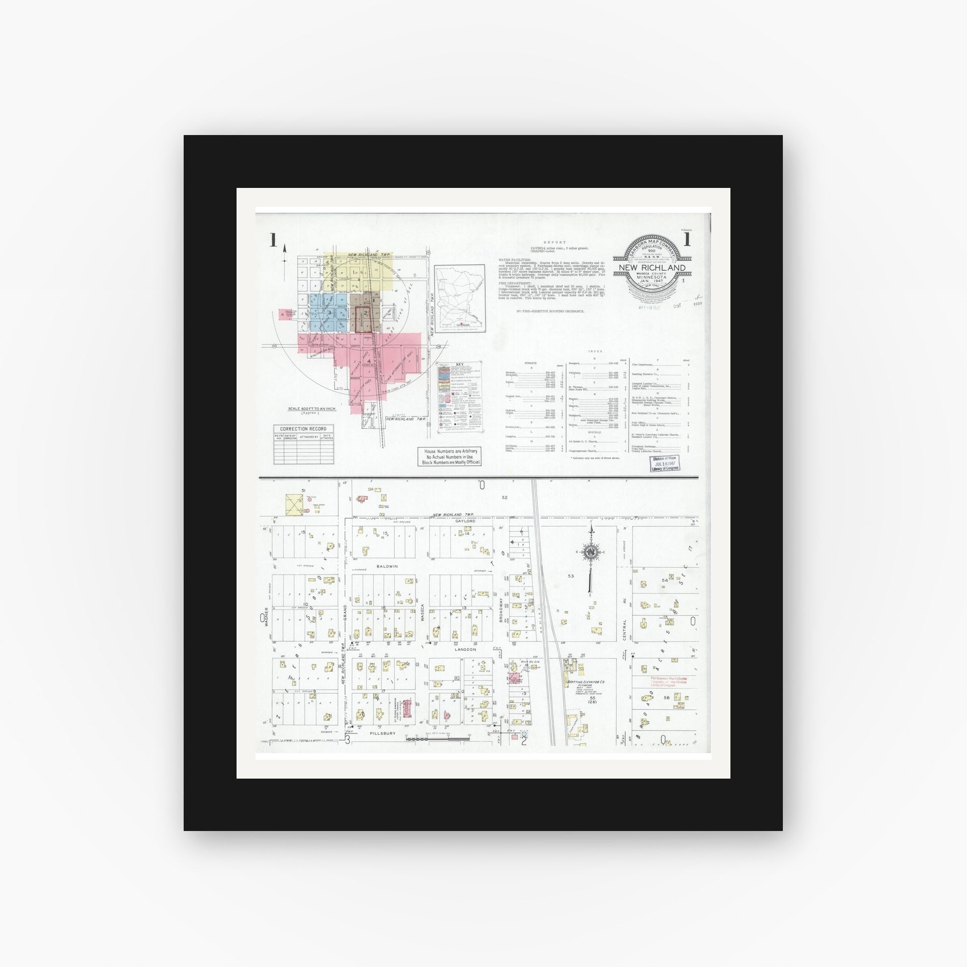 Old map wall art mockup — black gallery frame with white mat — Sanborn Fire Insurance Map from New Richland, Waseca County, Minnesota (1947) - Complete Map Set