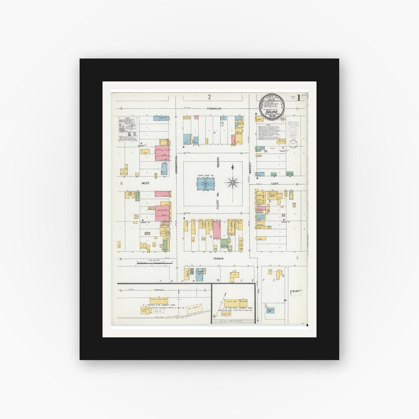 Old map wall art mockup — black gallery frame with white mat — Sanborn Fire Insurance Map from Goliad, Goliad County, Texas (1900) - Complete Map Set