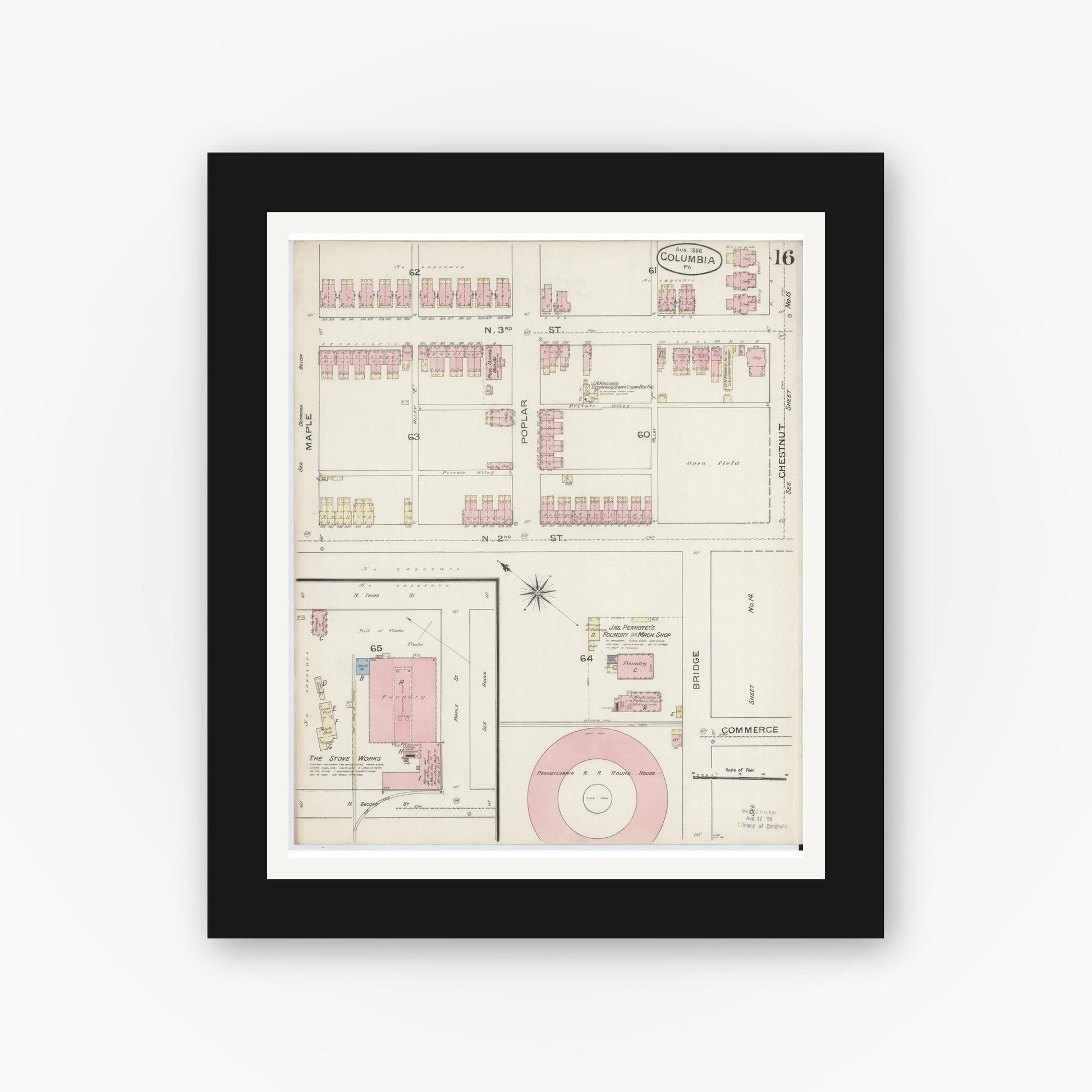 Old map wall art mockup — black gallery frame with white mat — Sanborn Fire Insurance Map from Columbia, Lancaster County, Pennsylvania (1886), Sheet #0016