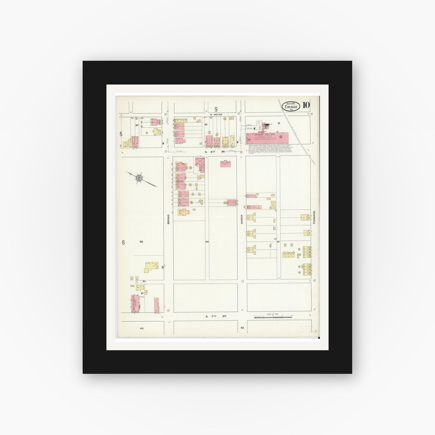 Old map wall art mockup — black gallery frame with white mat — Sanborn Fire Insurance Map from Emaus, Lehigh County, Pennsylvania (1911), Sheet #0010