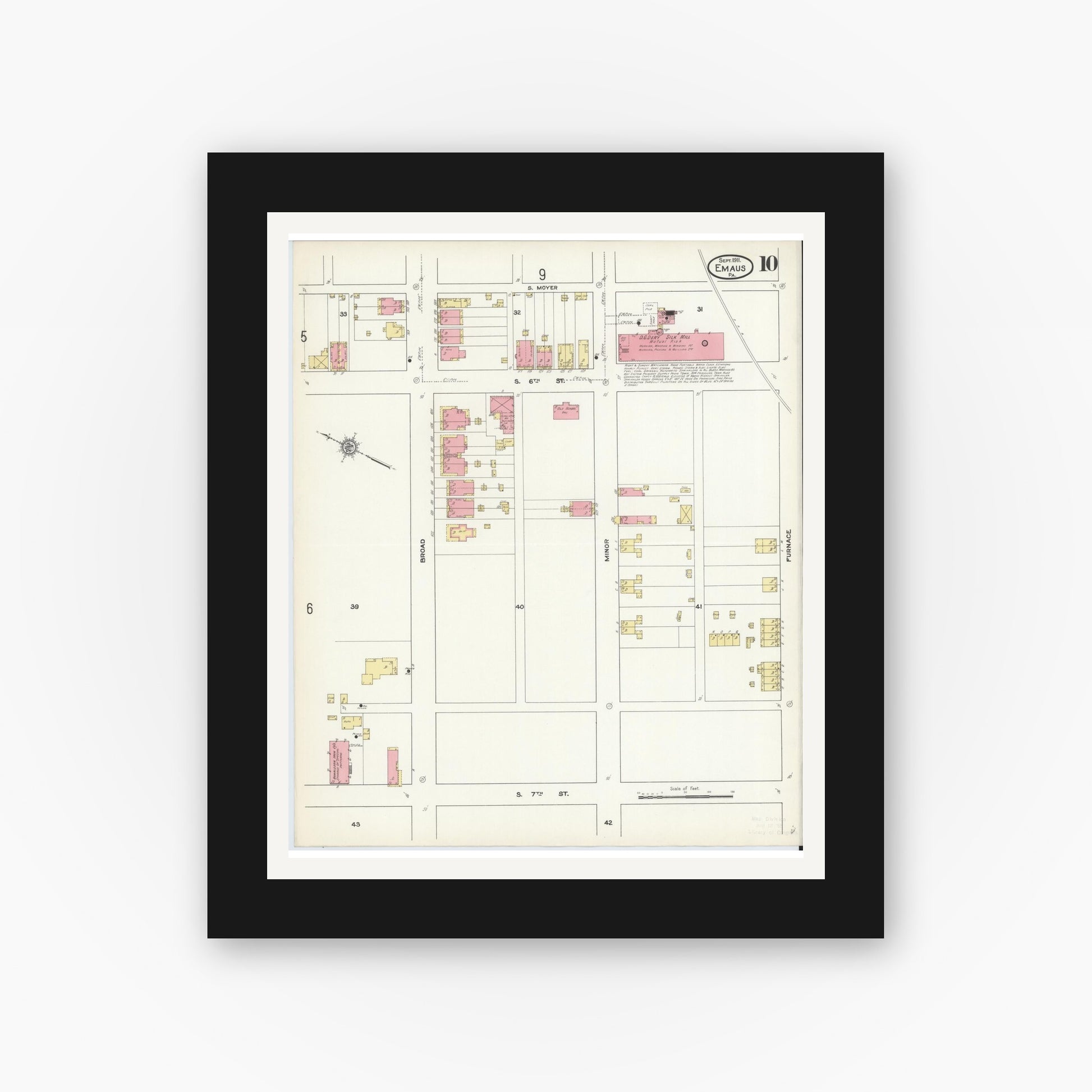 Old map wall art mockup — black gallery frame with white mat — Sanborn Fire Insurance Map from Emaus, Lehigh County, Pennsylvania (1911), Sheet #0010