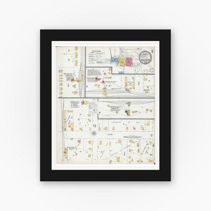 Old map wall art mockup — black gallery frame with white mat — Sanborn Fire Insurance Map from Farmington, Fulton County, Illinois (1899), Sheet #0001
