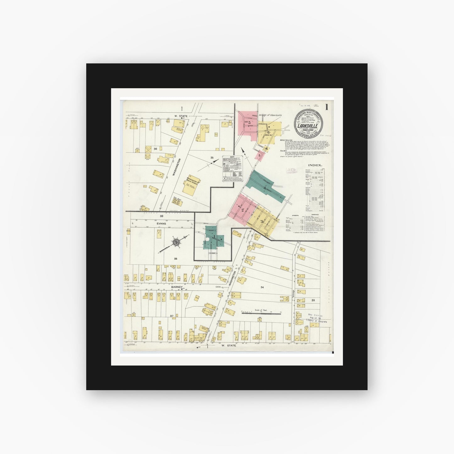 Old map wall art mockup — black gallery frame with white mat — Sanborn Fire Insurance Map from Larksville, Luzerne County, Pennsylvania (1911), Sheet #0001