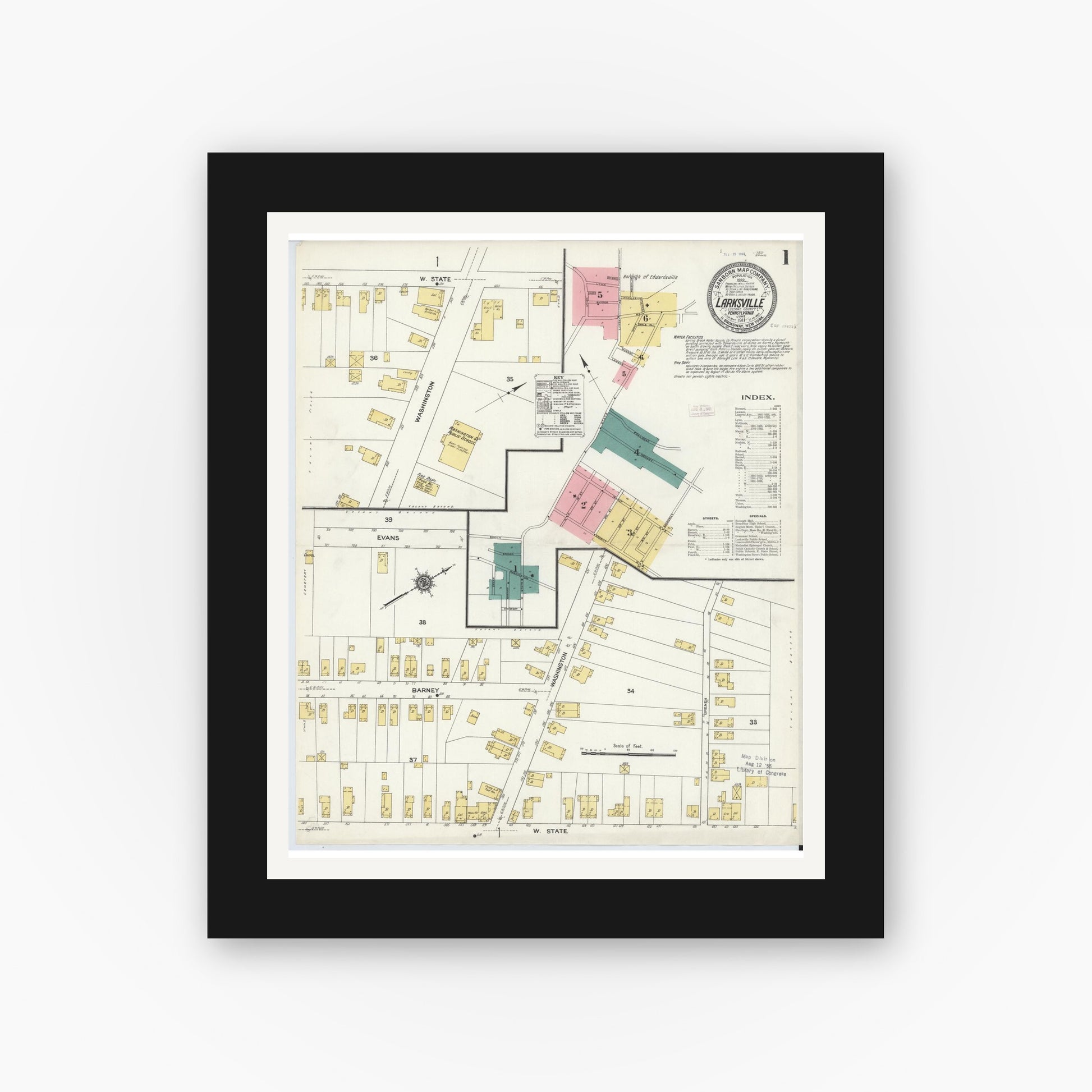Old map wall art mockup — black gallery frame with white mat — Sanborn Fire Insurance Map from Larksville, Luzerne County, Pennsylvania (1911), Sheet #0001