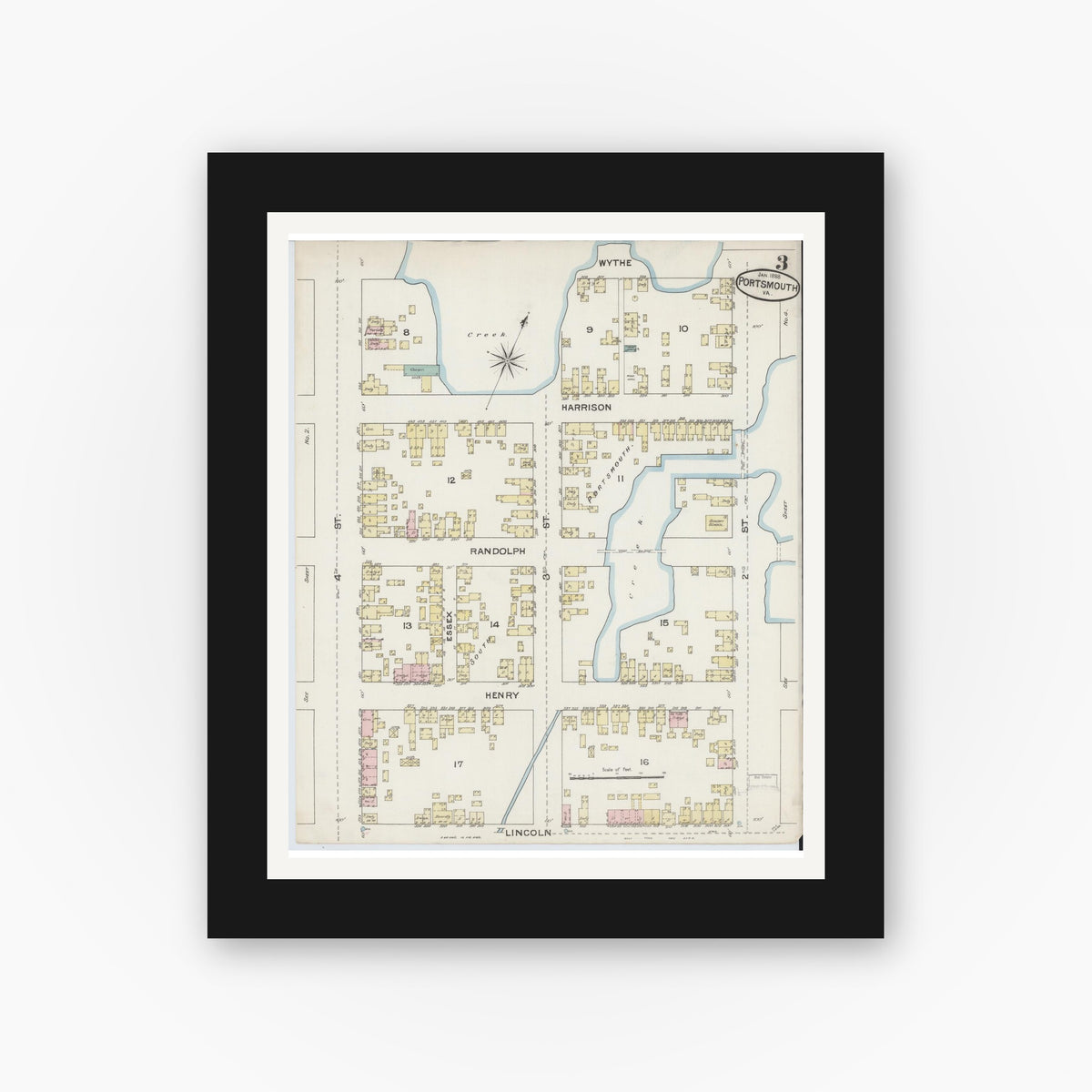 Old map wall art mockup — black gallery frame with white mat — Sanborn Fire Insurance Map from Portsmouth, Independent Cities, Virginia (1888), Sheet #0003