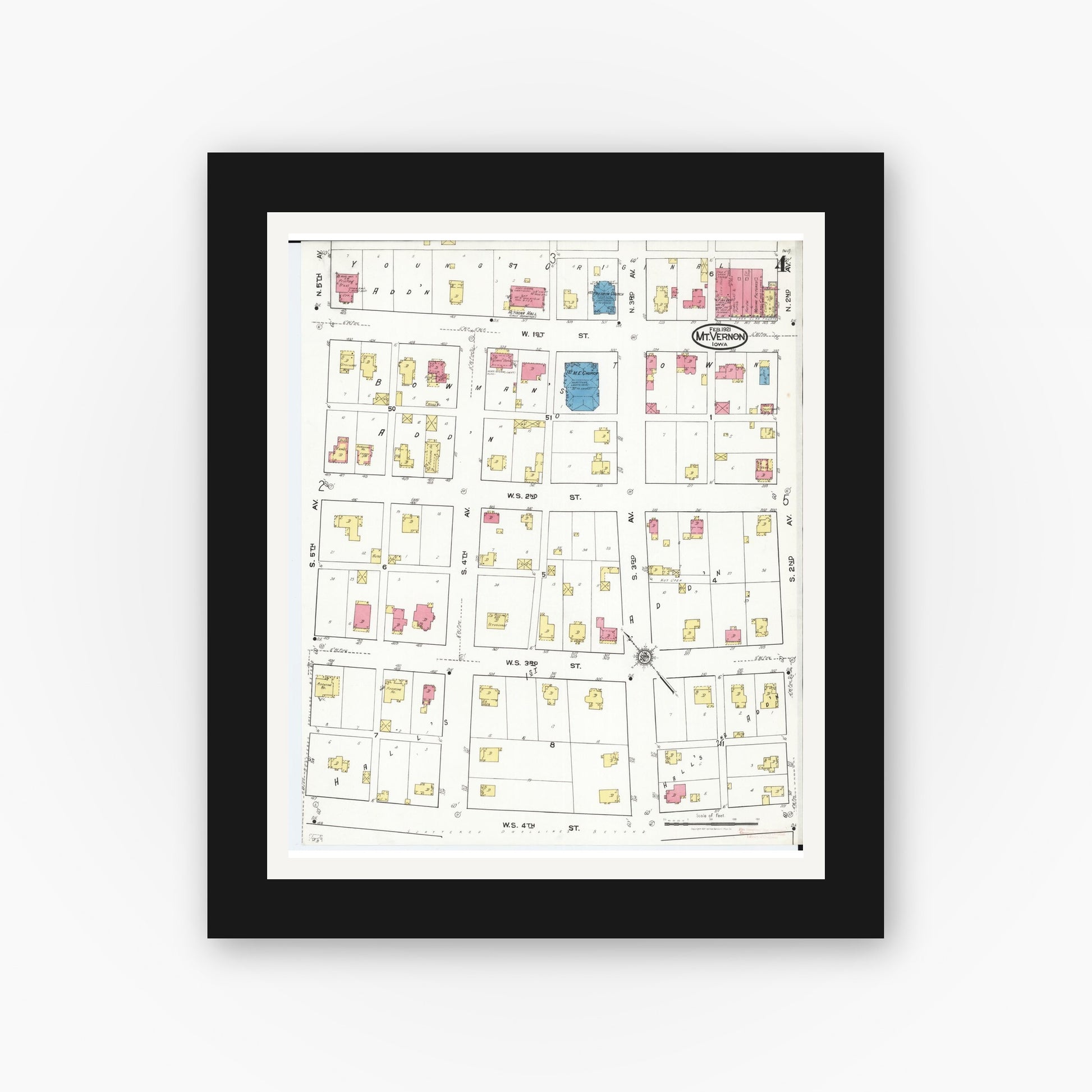 Old map wall art mockup — black gallery frame with white mat — Sanborn Fire Insurance Map from Mount Vernon, Linn County, Iowa (1921), Sheet #0004
