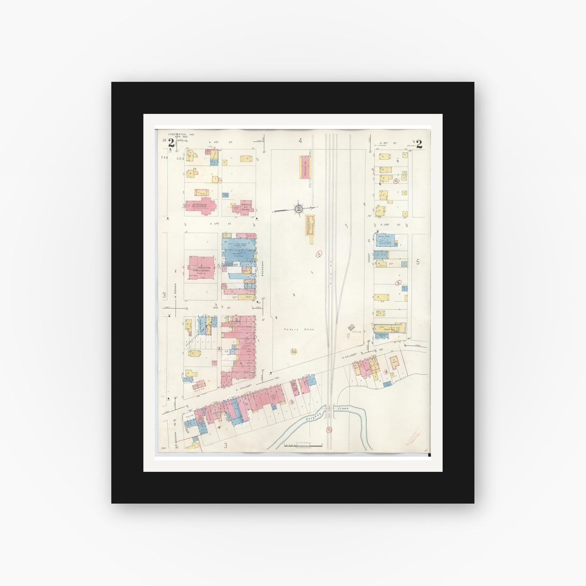 Old map wall art mockup — black gallery frame with white mat — Sanborn Fire Insurance Map from Chesterton, Porter County, Indiana (1951), Sheet #0002