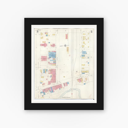 Old map wall art mockup — black gallery frame with white mat — Sanborn Fire Insurance Map from Chesterton, Porter County, Indiana (1951), Sheet #0002