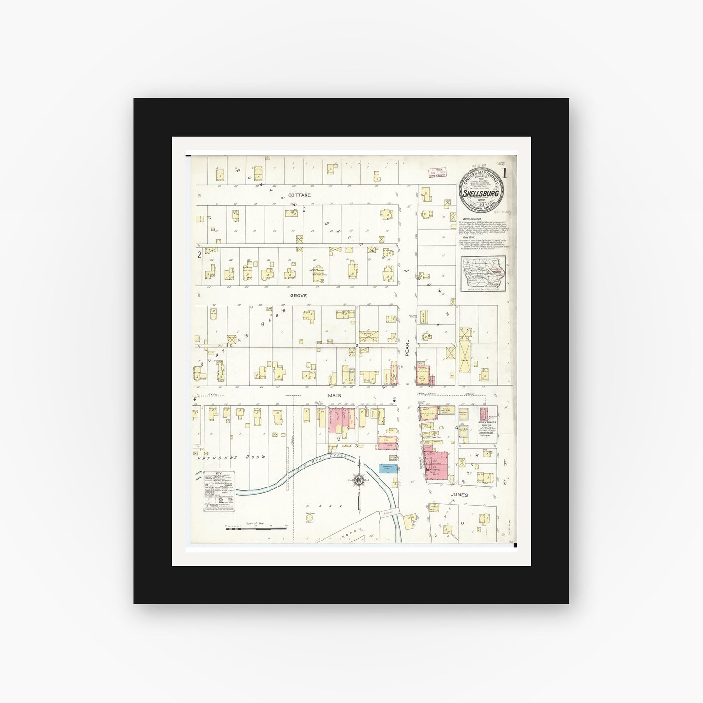 Old map wall art mockup — black gallery frame with white mat — Sanborn Fire Insurance Map from Shellsburg, Benton County, Iowa (1913) â€” Complete Set