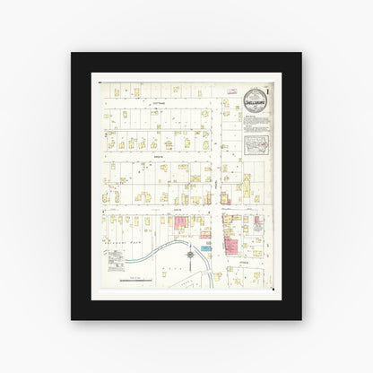 Old map wall art mockup — black gallery frame with white mat — Sanborn Fire Insurance Map from Shellsburg, Benton County, Iowa (1913) â€” Complete Set
