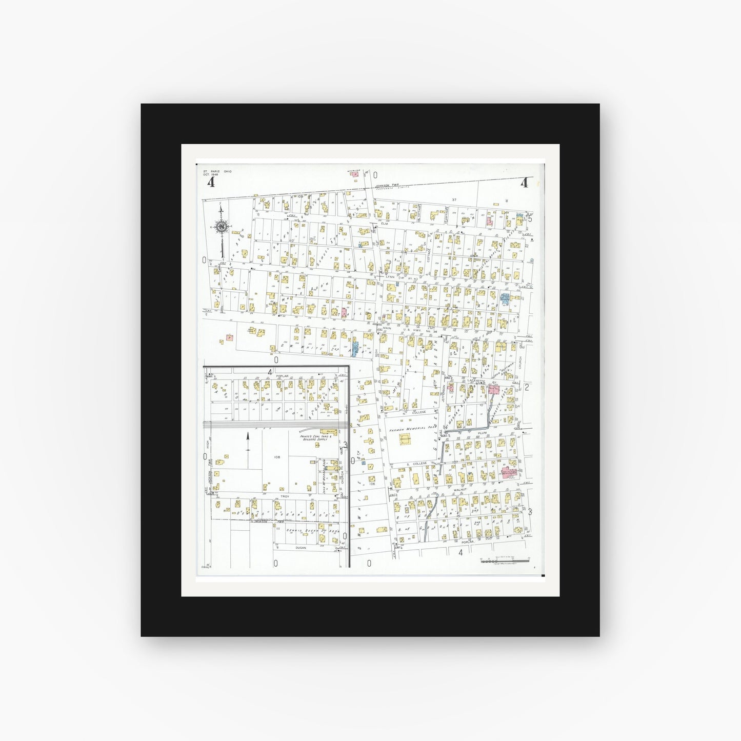 Old map wall art mockup — black gallery frame with white mat — Sanborn Fire Insurance Map from Saint Paris, Champaign County, Ohio (1948), Sheet #0004