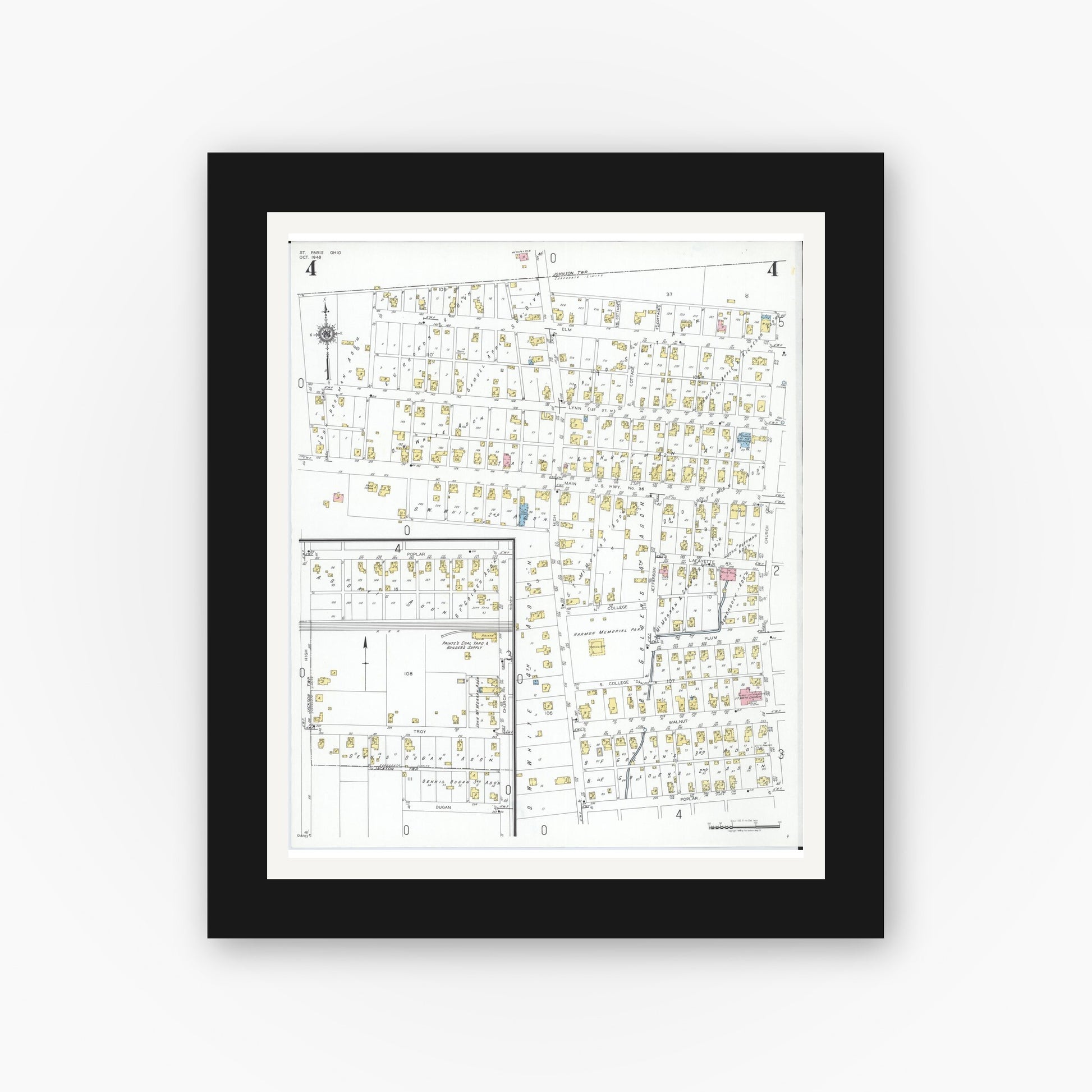 Old map wall art mockup — black gallery frame with white mat — Sanborn Fire Insurance Map from Saint Paris, Champaign County, Ohio (1948), Sheet #0004