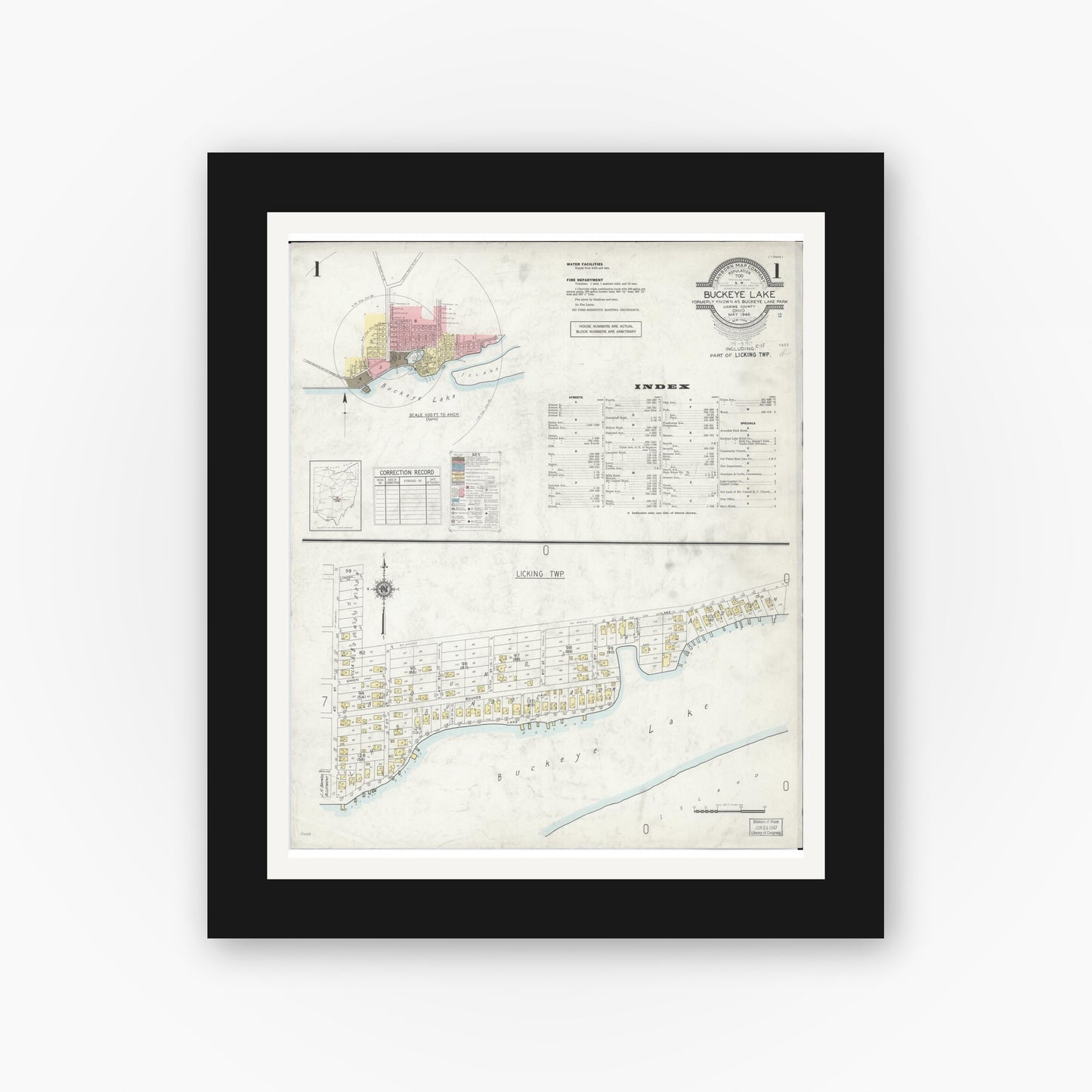 Old map wall art mockup — black gallery frame with white mat — Sanborn Fire Insurance Map from Buckeye Lake, Licking County, Ohio (1946), Sheet #0001
