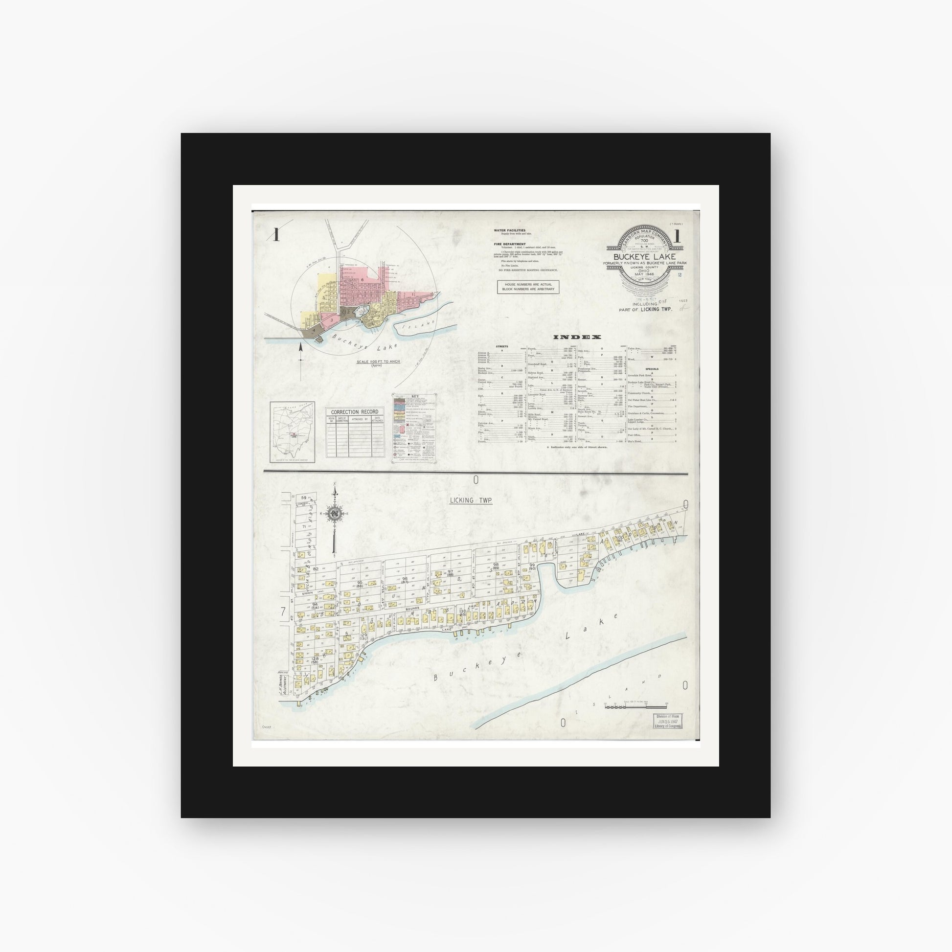 Old map wall art mockup — black gallery frame with white mat — Sanborn Fire Insurance Map from Buckeye Lake, Licking County, Ohio (1946), Sheet #0001