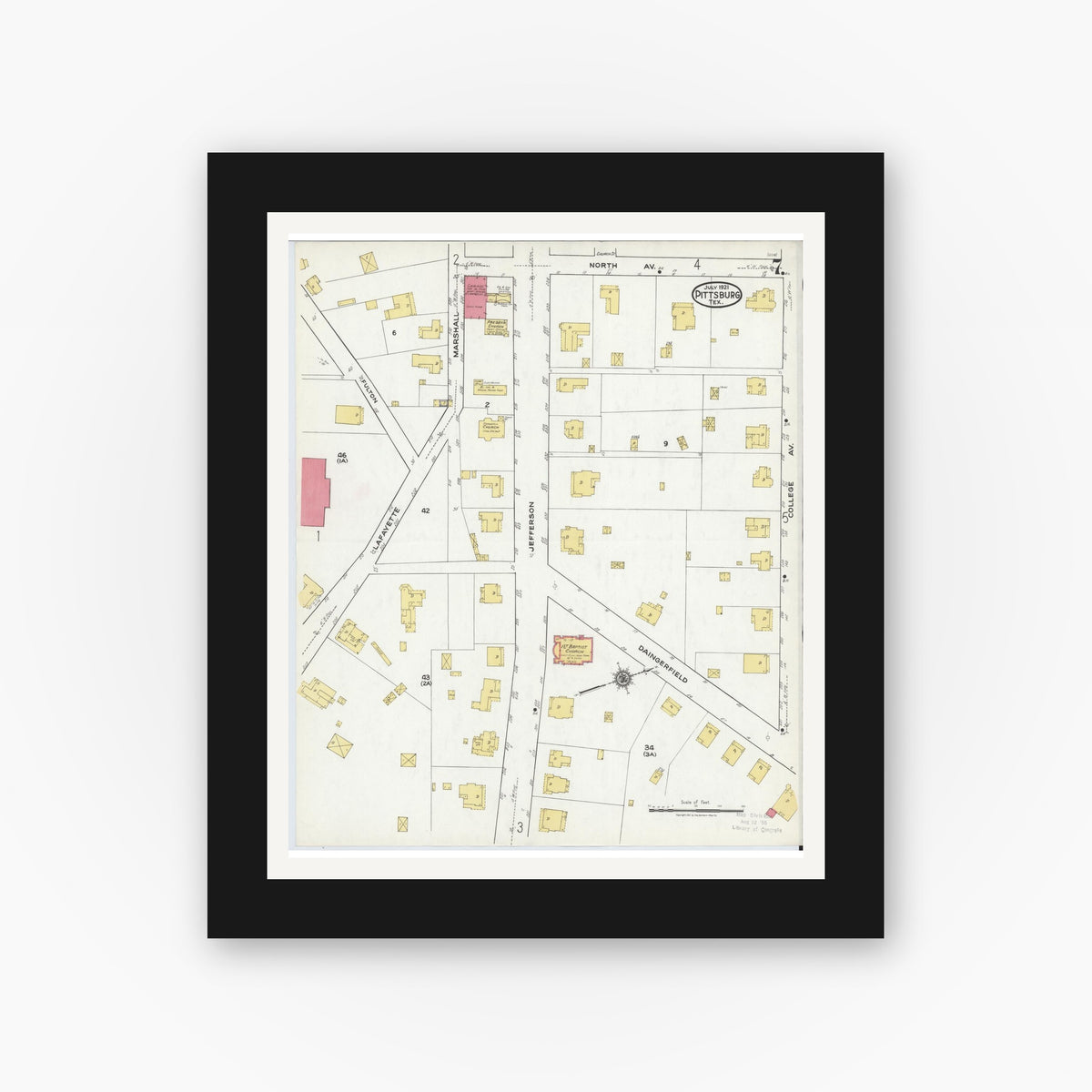 Old map wall art mockup — black gallery frame with white mat — Sanborn Fire Insurance Map from Pittsburg, Camp County, Texas (1921), Sheet #0007