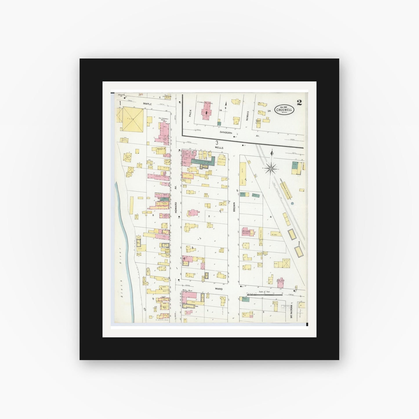Old map wall art mockup — black gallery frame with white mat — Sanborn Fire Insurance Map from Croswell, Sanilac County, Michigan (1909), Sheet #0002