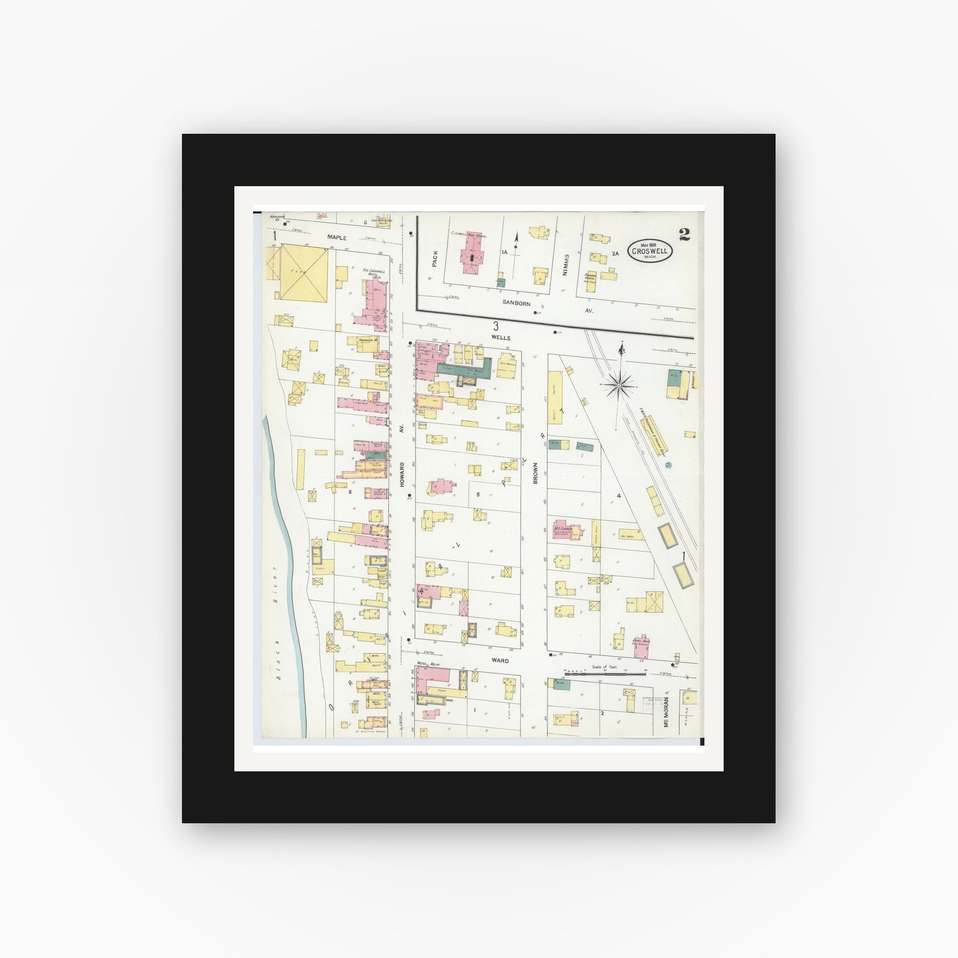 Old map wall art mockup — black gallery frame with white mat — Sanborn Fire Insurance Map from Croswell, Sanilac County, Michigan (1909), Sheet #0002
