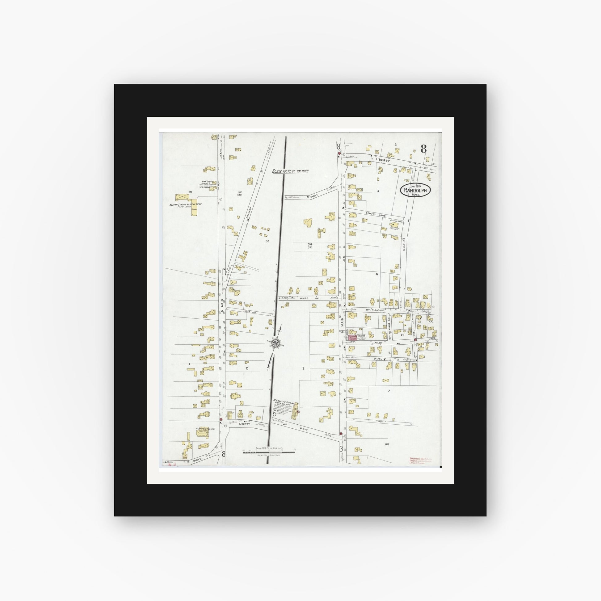 Old map wall art mockup — black gallery frame with white mat — Sanborn Fire Insurance Map from Randolph, Norfolk County, Massachusetts (1919), Sheet #0008